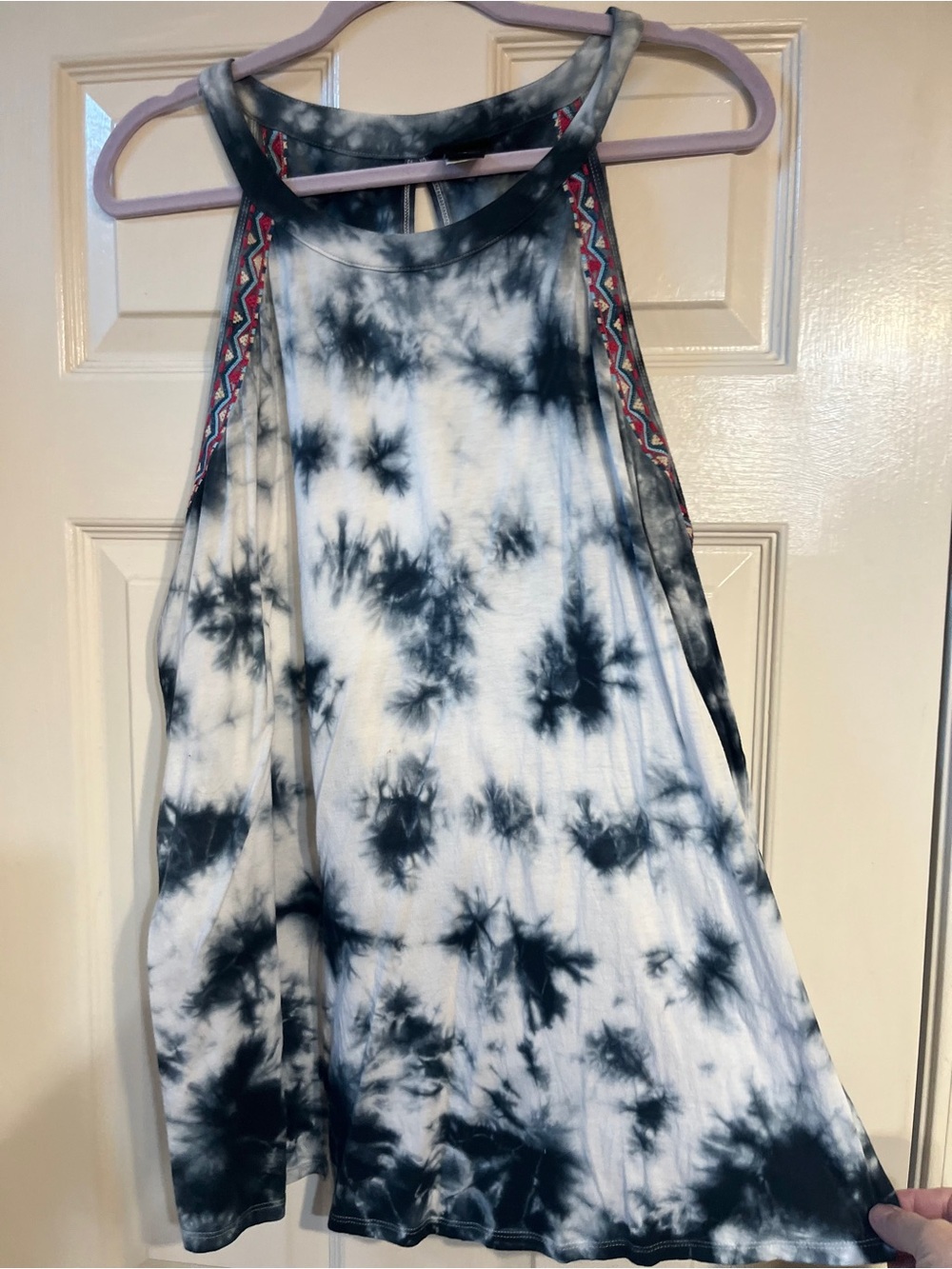 torrid Black & White Tie-Dye Halter Swing Dress with Embroidered Trim